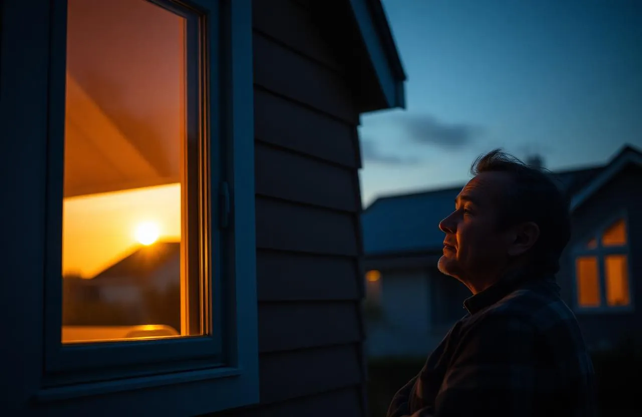 Nachdenklicher Hausbesitzer beim Sonnenuntergang
